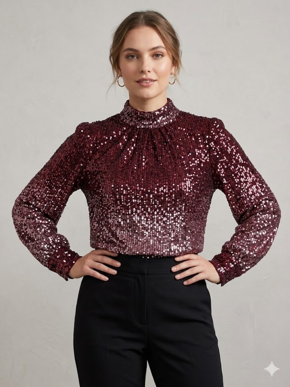 Cable & Gauge Women's Sequin Mock-Neck Top in Burgundy, Size Medium